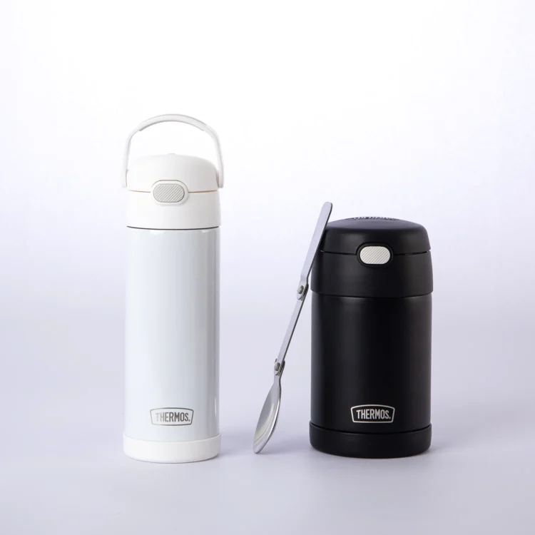 Combo Contenedor de Comida 470ml Negro + Botella 470ml Blanca Thermos